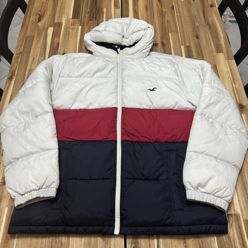 Hollister Puffer Jacket Mens 2XL‎ Tri Color Full Zip Hooded Outdoor Winter Y2K